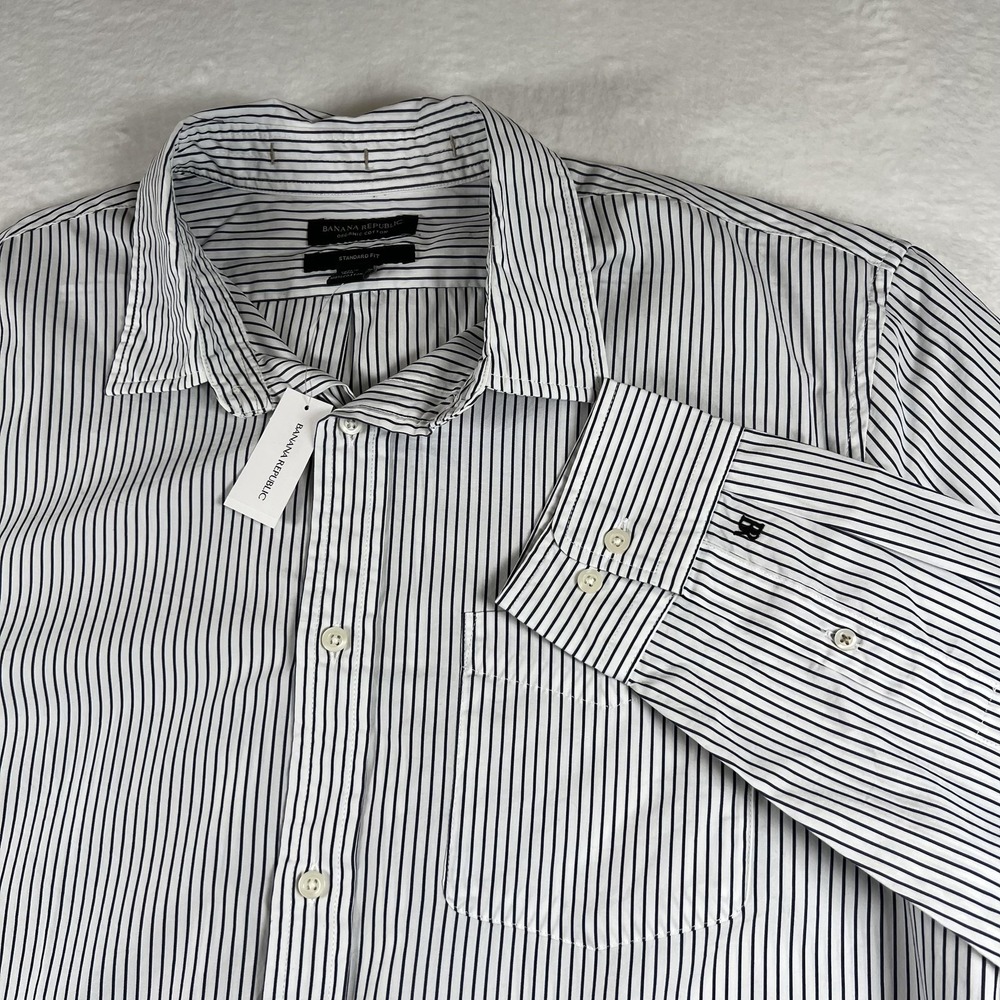 Banana Republic Dress Shirt Mens XL White Striped Organic Cotton Standard Fit